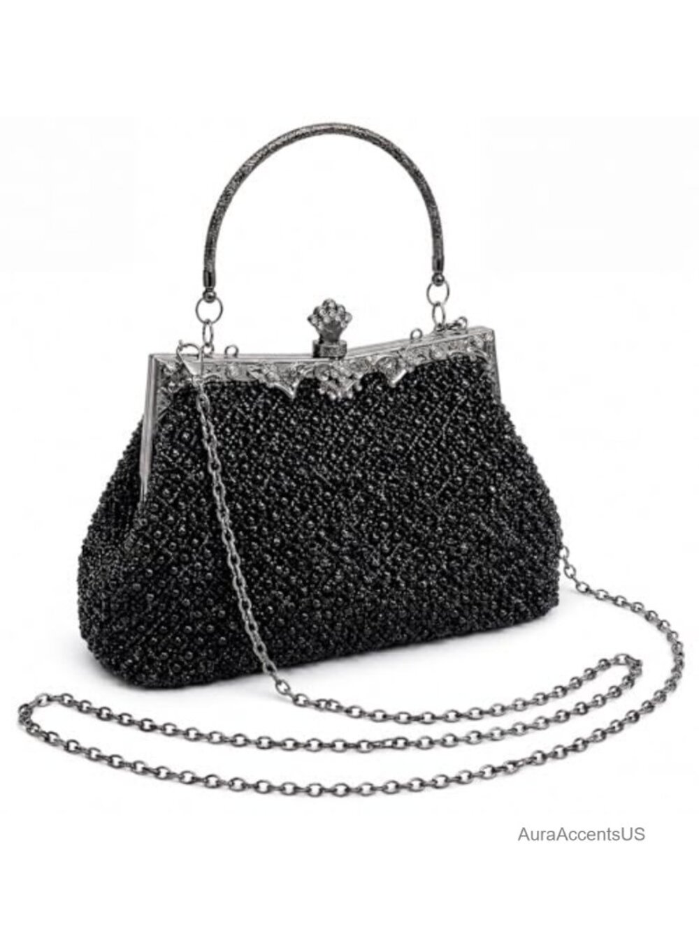 Embroidered Beaded Clutch Evening Bag with Chain Straps
